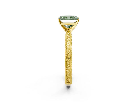 Yellow gold Fancy Green Radiant Cut Solitaire Milgrain Engraved Band with Four-Prong Setting_2