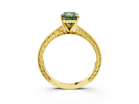 Yellow gold Fancy Green Radiant Cut Solitaire Milgrain Engraved Band with Four-Prong Setting_3