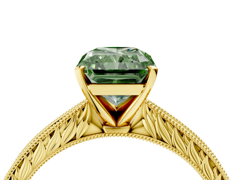 Yellow gold Fancy Green Radiant Cut Solitaire Milgrain Engraved Band with Four-Prong Setting_4