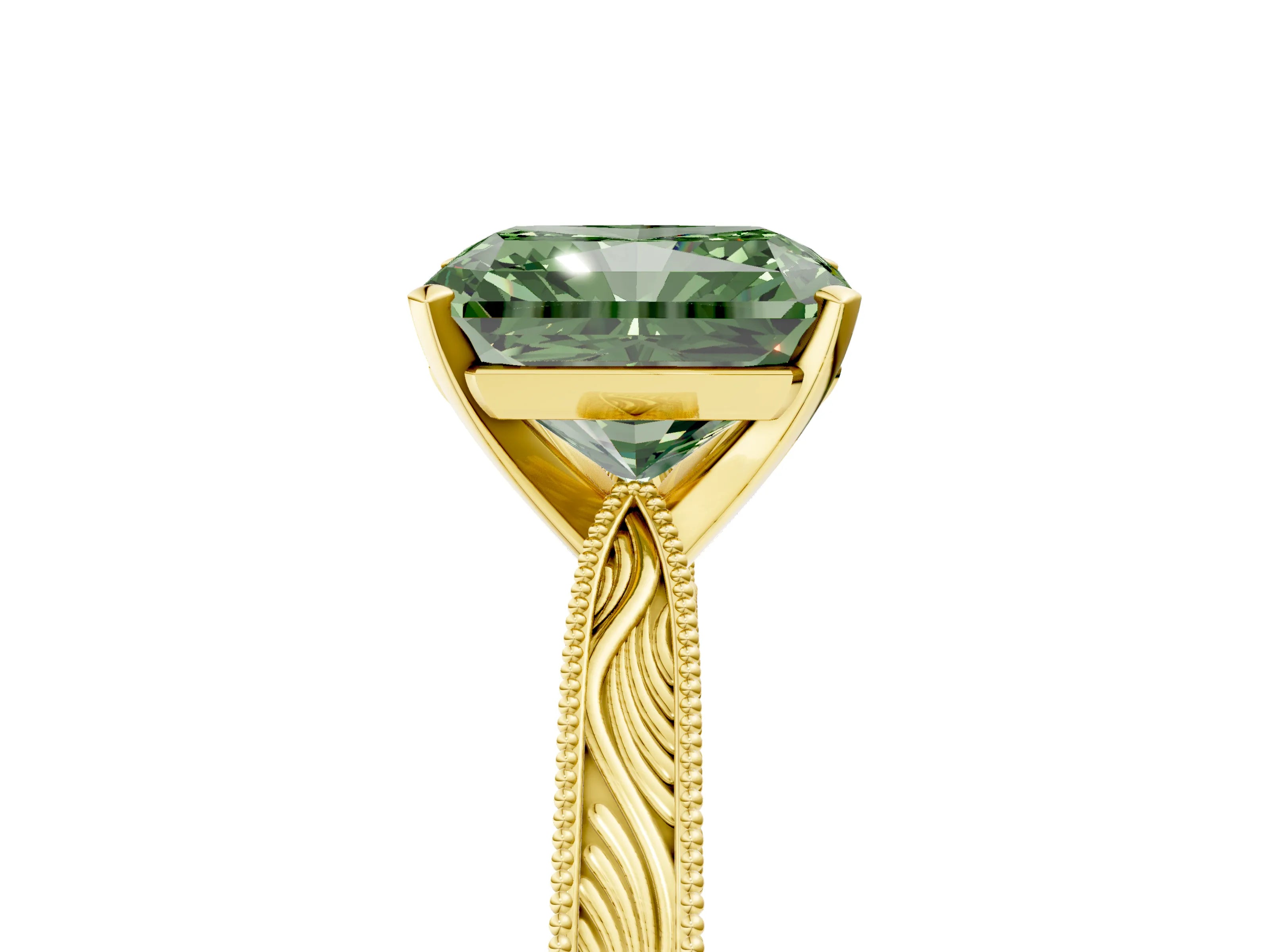 Yellow gold Fancy Green Radiant Cut Solitaire Milgrain Engraved Band with Four-Prong Setting_5