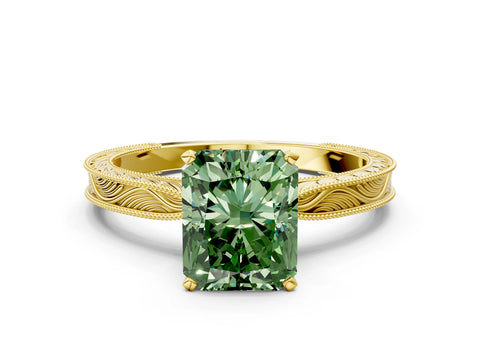 Yellow gold Fancy Green Radiant Cut Solitaire Milgrain Engraved Band with Four-Prong Setting