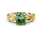 Yellow gold Fancy Green Radiant Cut Solitaire Milgrain Leaf Band with Prong Setting