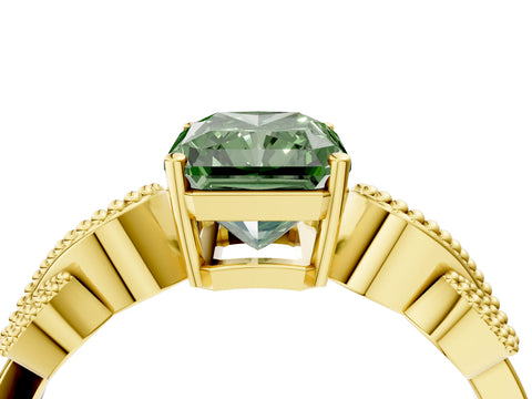 Yellow gold Fancy Green Radiant Cut Solitaire Milgrain Leaf Band with Prong Setting_4
