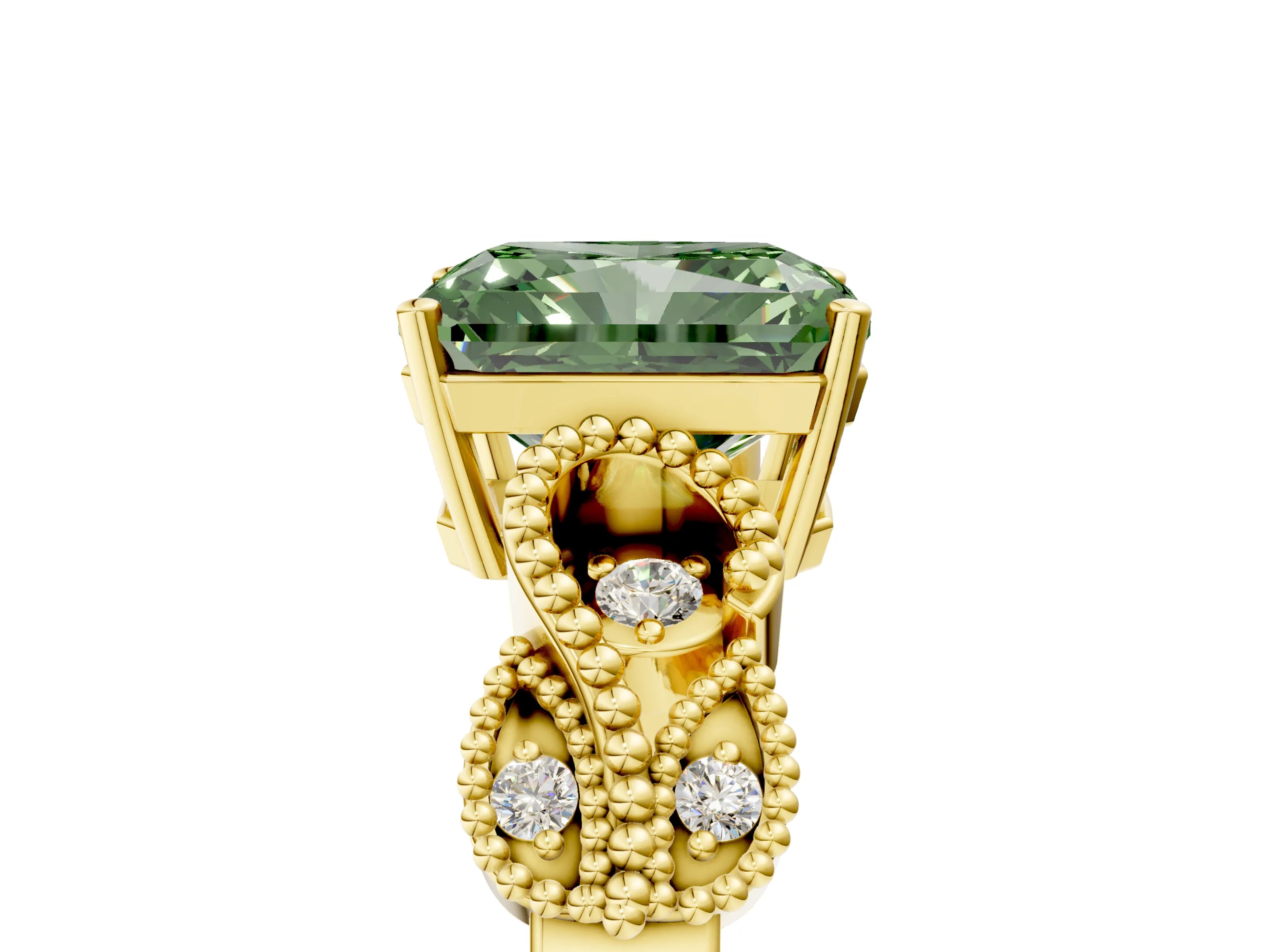 Yellow gold Fancy Green Radiant Cut Solitaire Milgrain Leaf Band with Prong Setting_5