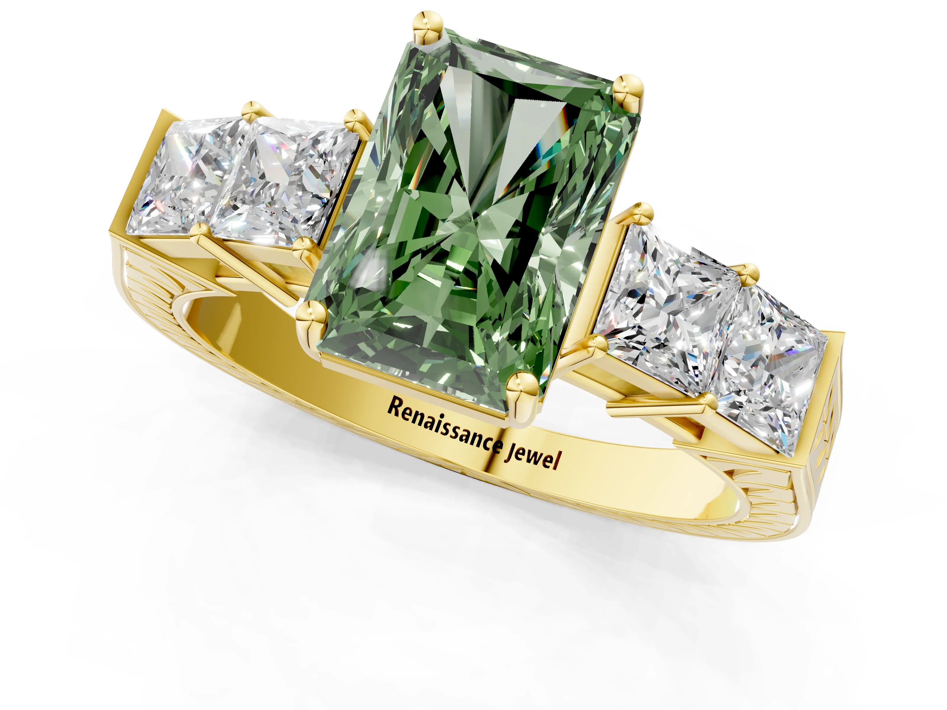 Yellow gold Fancy Green Radiant Cut Solitaire Princess Side Stone Engraved Band Prong Setting Ring_1