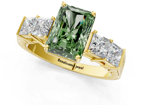 Yellow gold Fancy Green Radiant Cut Solitaire Princess Side Stone Engraved Band Prong Setting Ring_1