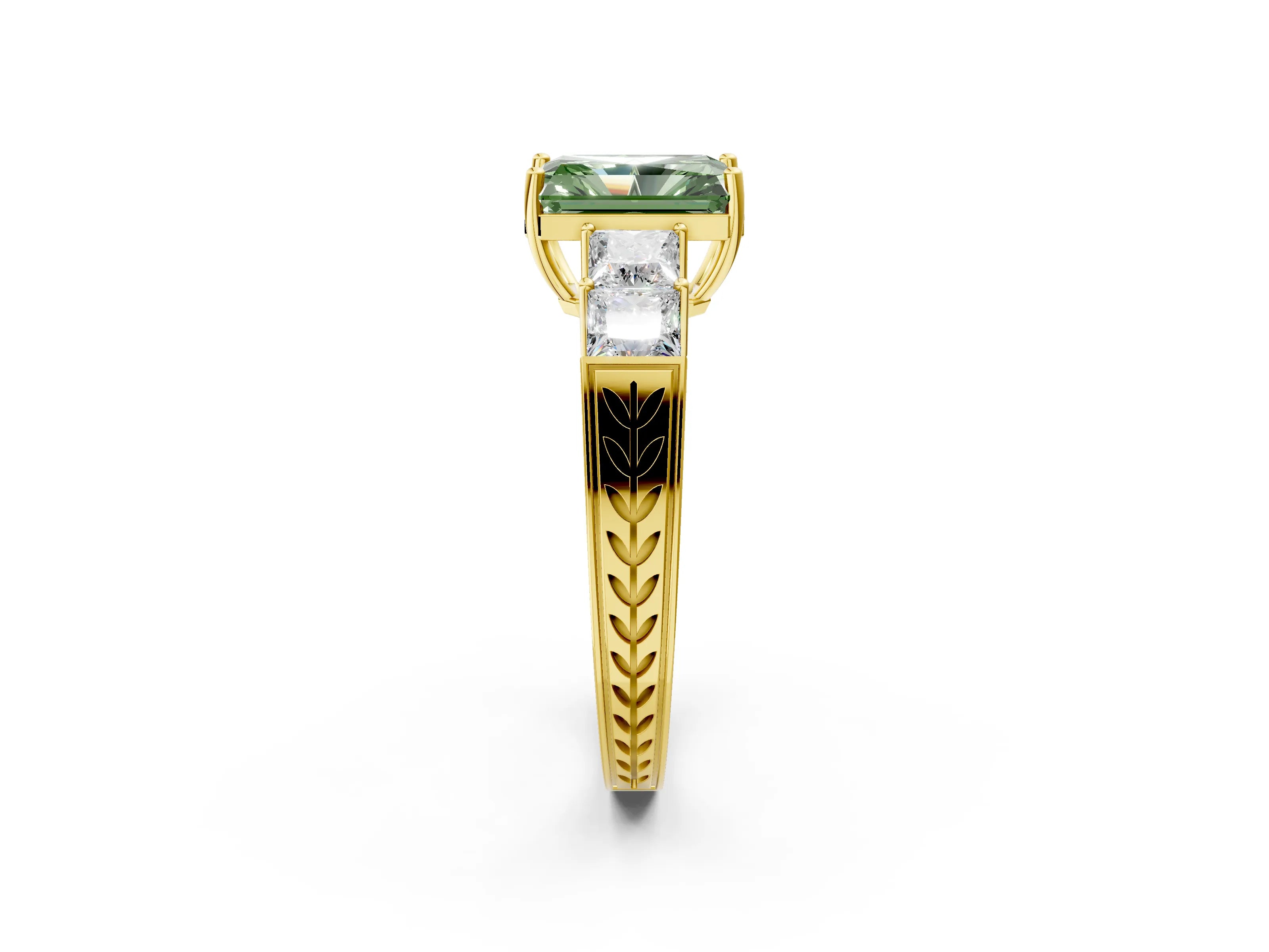 Yellow gold Fancy Green Radiant Cut Solitaire Princess Side Stone Engraved Band Prong Setting Ring_2