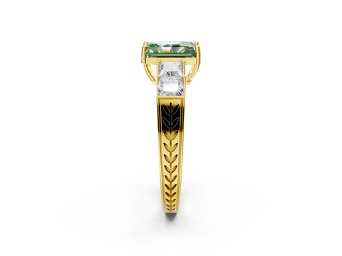 Yellow gold Fancy Green Radiant Cut Solitaire Princess Side Stone Engraved Band Prong Setting Ring_2