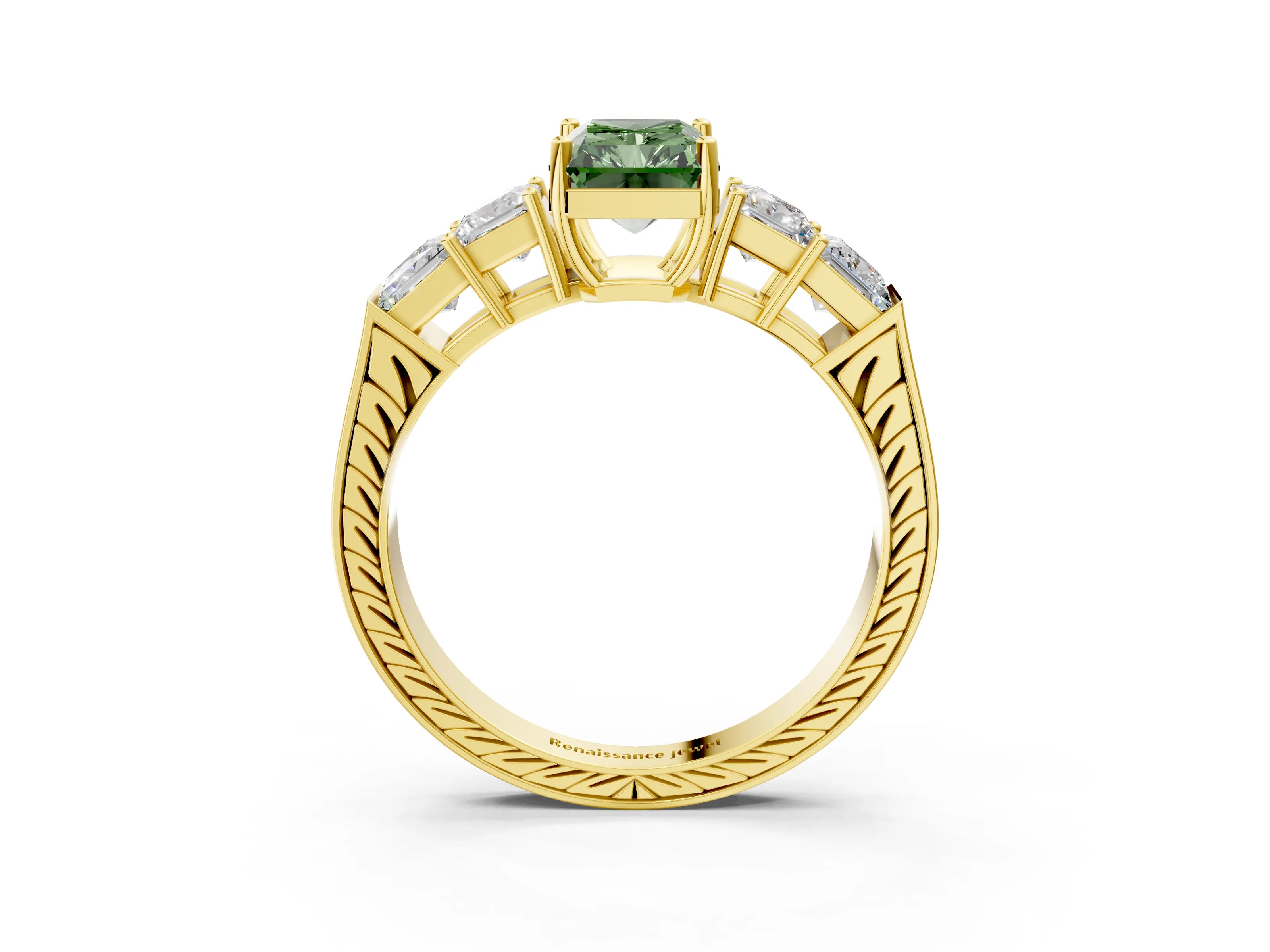 Yellow gold Fancy Green Radiant Cut Solitaire Princess Side Stone Engraved Band Prong Setting Ring_3