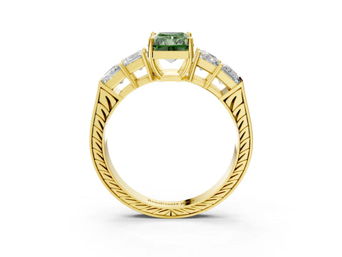 Yellow gold Fancy Green Radiant Cut Solitaire Princess Side Stone Engraved Band Prong Setting Ring_3