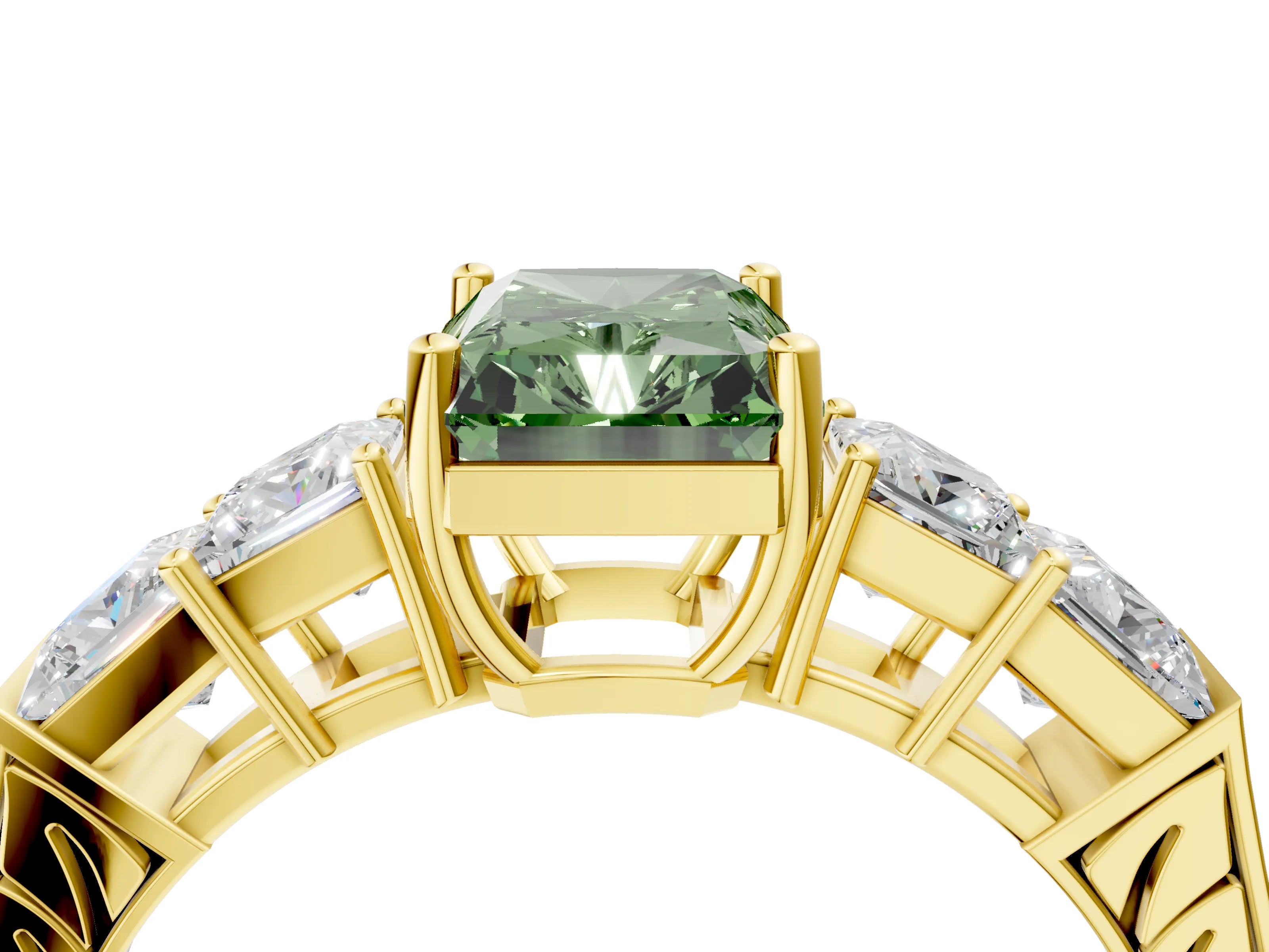 Yellow gold Fancy Green Radiant Cut Solitaire Princess Side Stone Engraved Band Prong Setting Ring_4