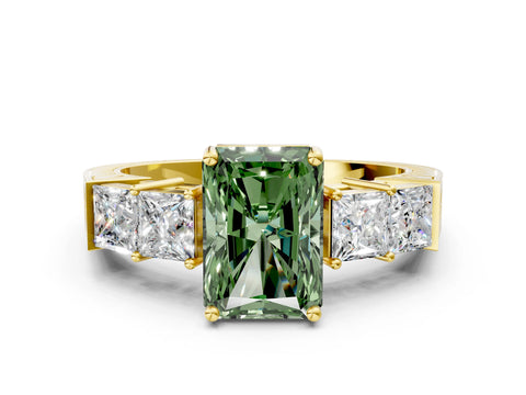Yellow gold Fancy Green Radiant Cut Solitaire Princess Side Stone Engraved Band Prong Setting Ring