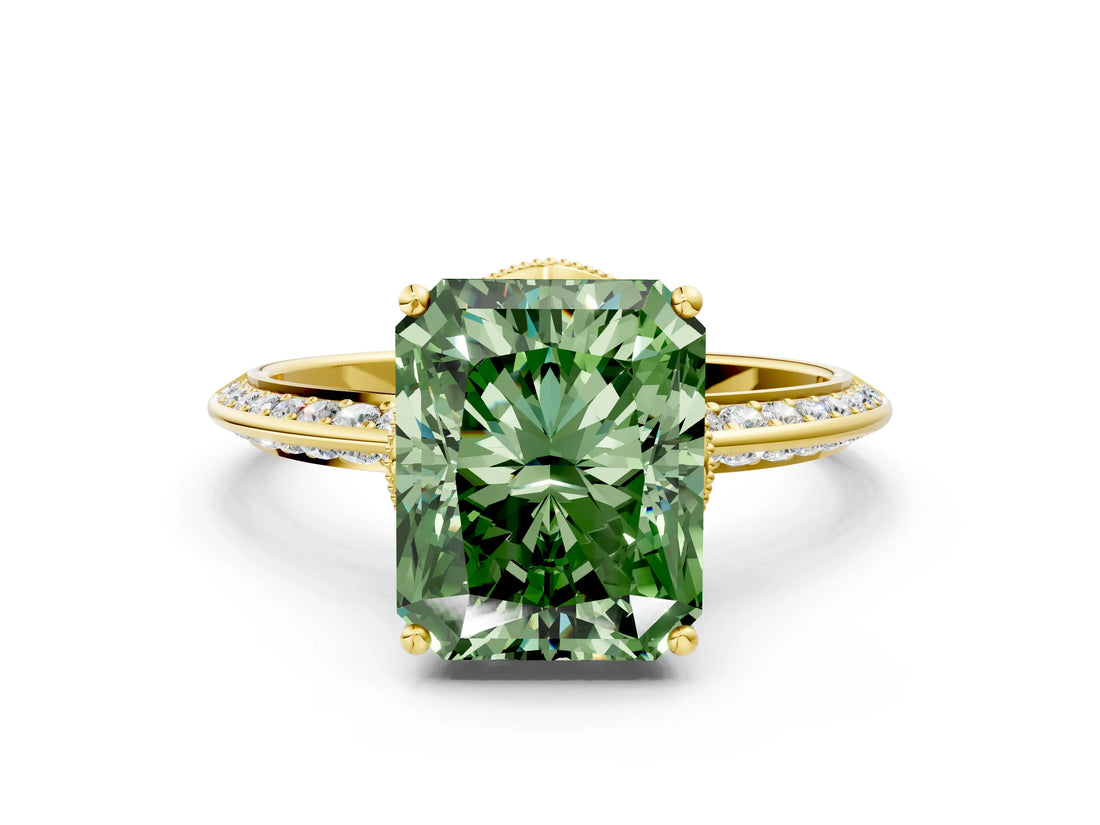 Yellow gold Fancy Green Radiant Cut Solitaire Split Shank Pave Diamond Engagement Ring with Four-Prong Setting
