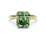 Yellow gold Fancy Green Radiant Cut Solitaire Split Shank Pave Diamond Engagement Ring with Four-Prong Setting