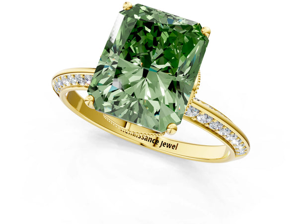 Yellow Gold Radiant Cut Graduated Pave Engagement Ring Setting for Fancy Green Center