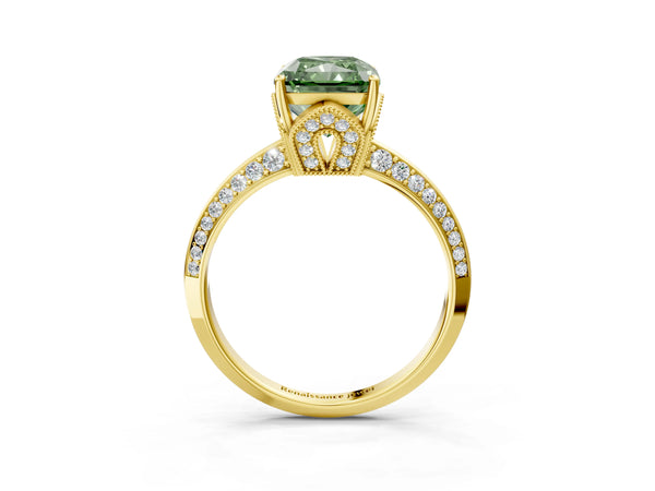 Yellow Gold Radiant Cut Graduated Pave Engagement Ring Setting for Fancy Green Center
