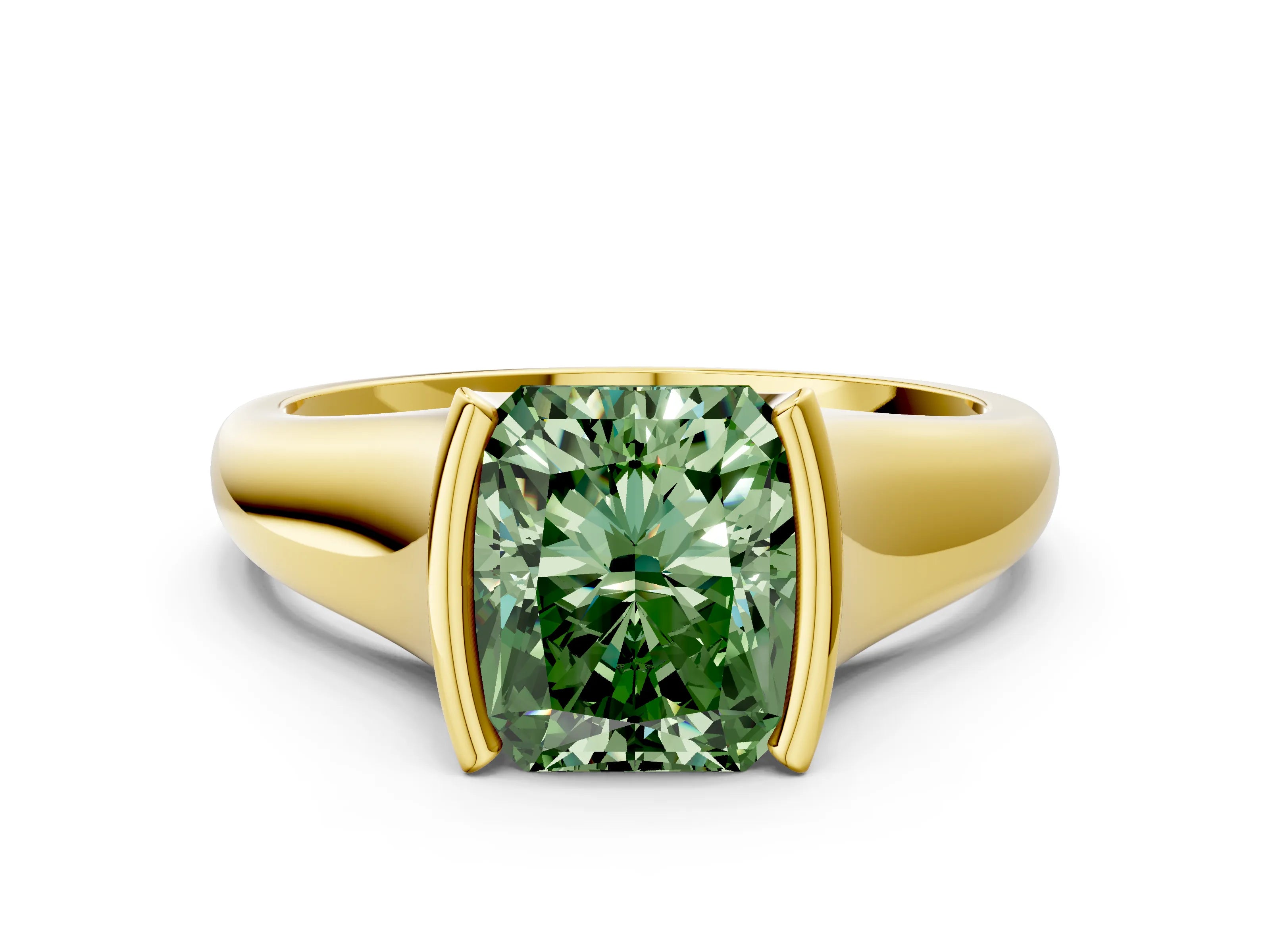 Yellow gold Fancy Green Radiant Cut Solitaire Tension Set Diamond Ring with Split Shank Band