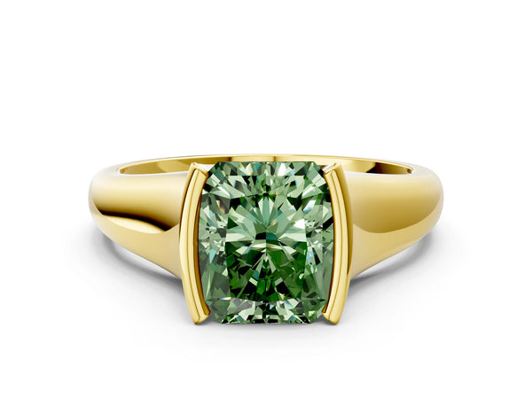 Yellow gold Fancy Green Radiant Cut Solitaire Tension Set Diamond Ring with Split Shank Band