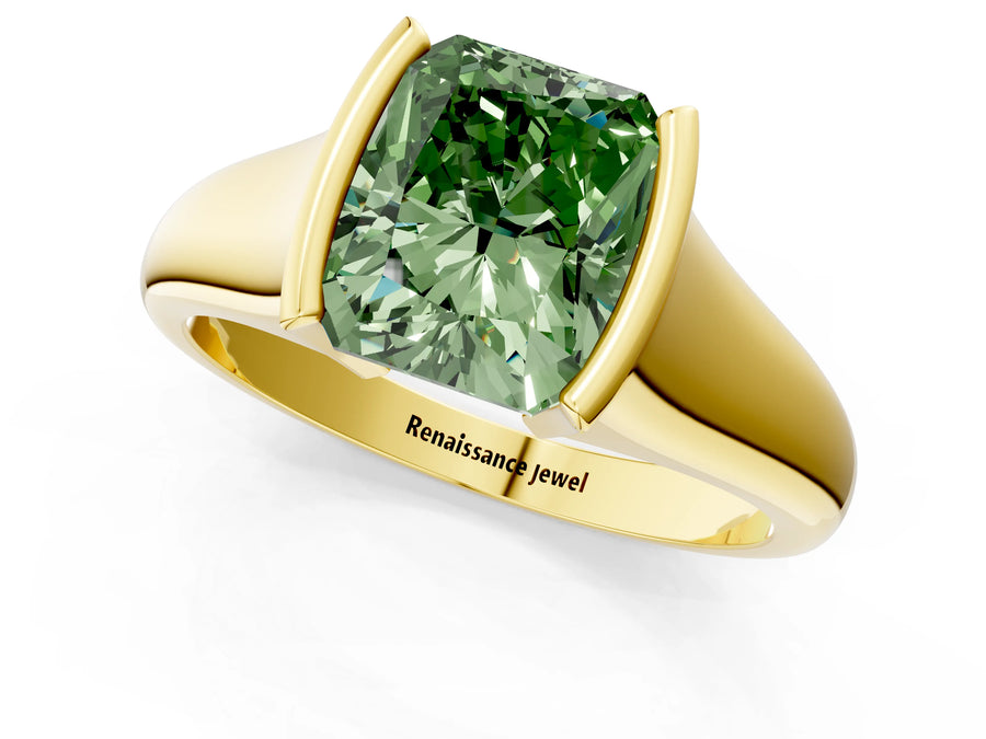 Yellow gold Fancy Green Radiant Cut Solitaire Tension Set Diamond Ring with Split Shank Band