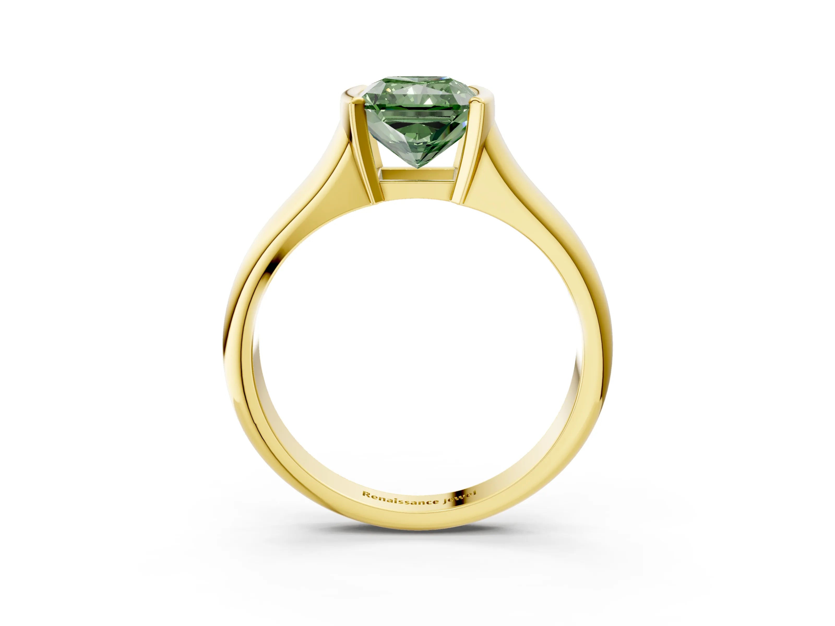 Yellow gold Fancy Green Radiant Cut Solitaire Tension Set Diamond Ring with Split Shank Band_3