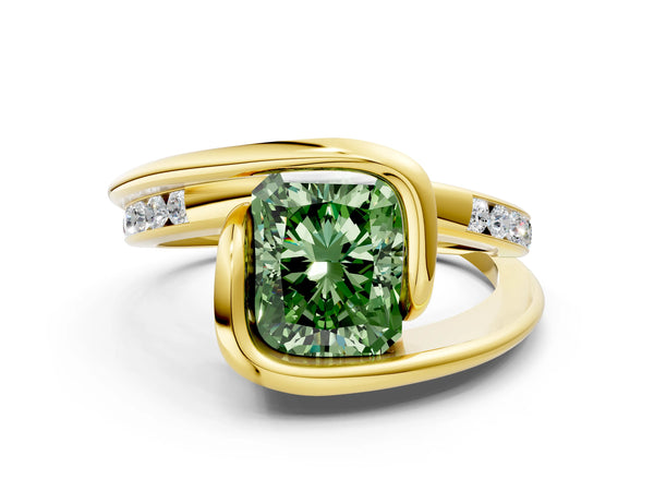 Yellow gold Fancy Green Radiant Cut Solitaire Tension-Set Diamond Split Shank Ring