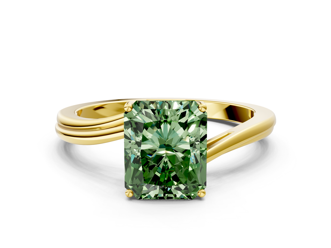 Yellow gold Fancy Green Radiant  Cut Solitaire Twist Band Ring with Four-Prong Setting_71