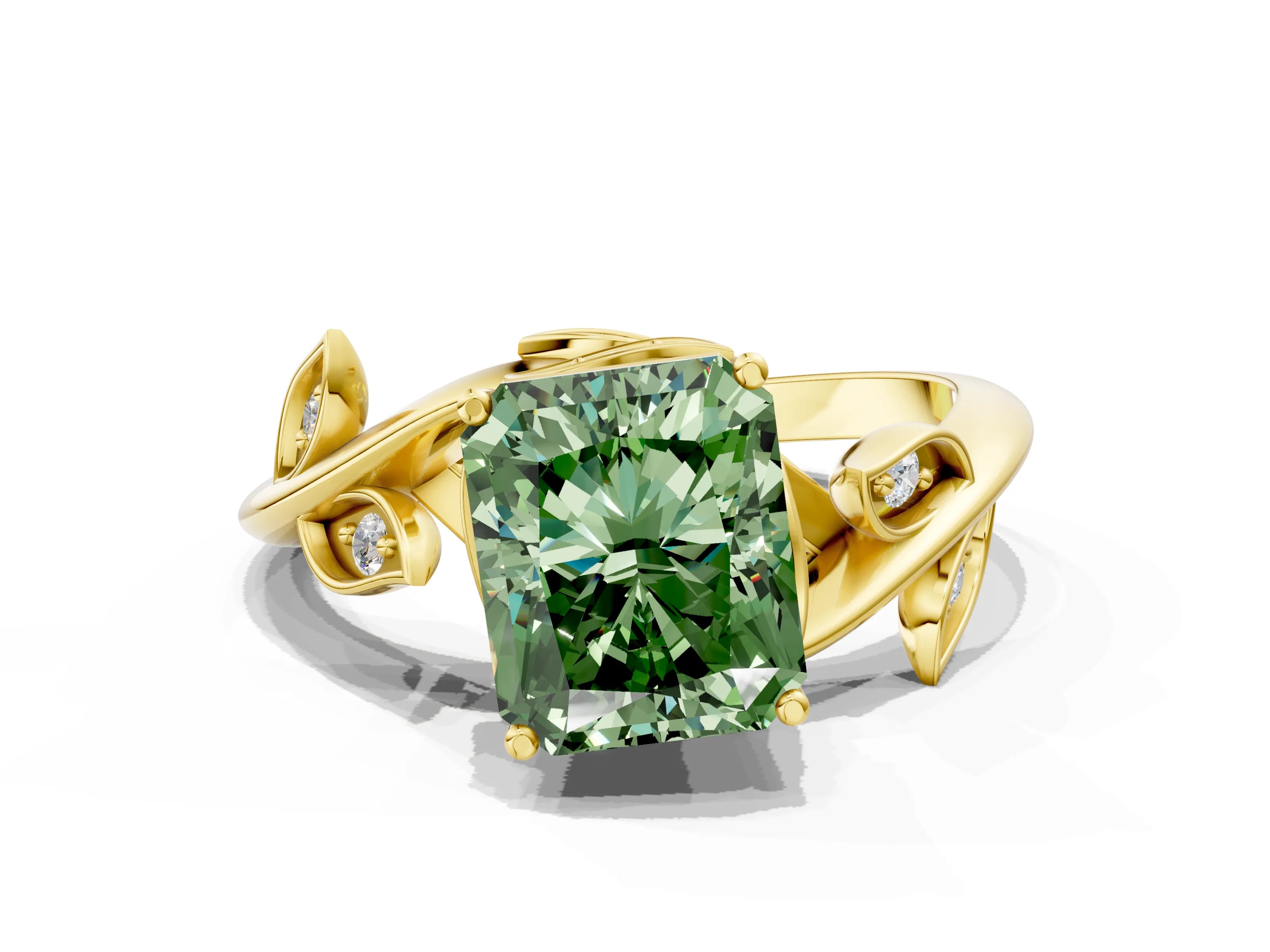 Yellow gold Fancy Green Radiant Cut Solitaire Twist Engagement Ring with Leaf Accents and Prong Setting