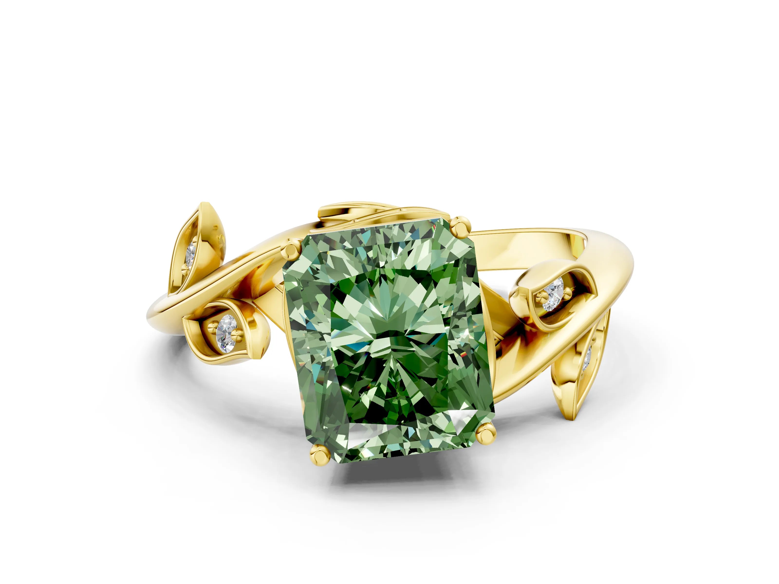 Yellow gold Fancy Green Radiant Cut Solitaire Twist Engagement Ring with Leaf Accents and Prong Setting_12