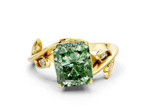 Yellow gold Fancy Green Radiant Cut Solitaire Twist Engagement Ring with Leaf Accents and Prong Setting_12