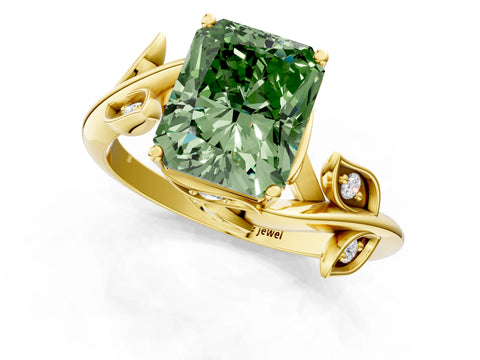 Yellow gold Fancy Green Radiant Cut Solitaire Twist Engagement Ring with Leaf Accents and Prong Setting_13