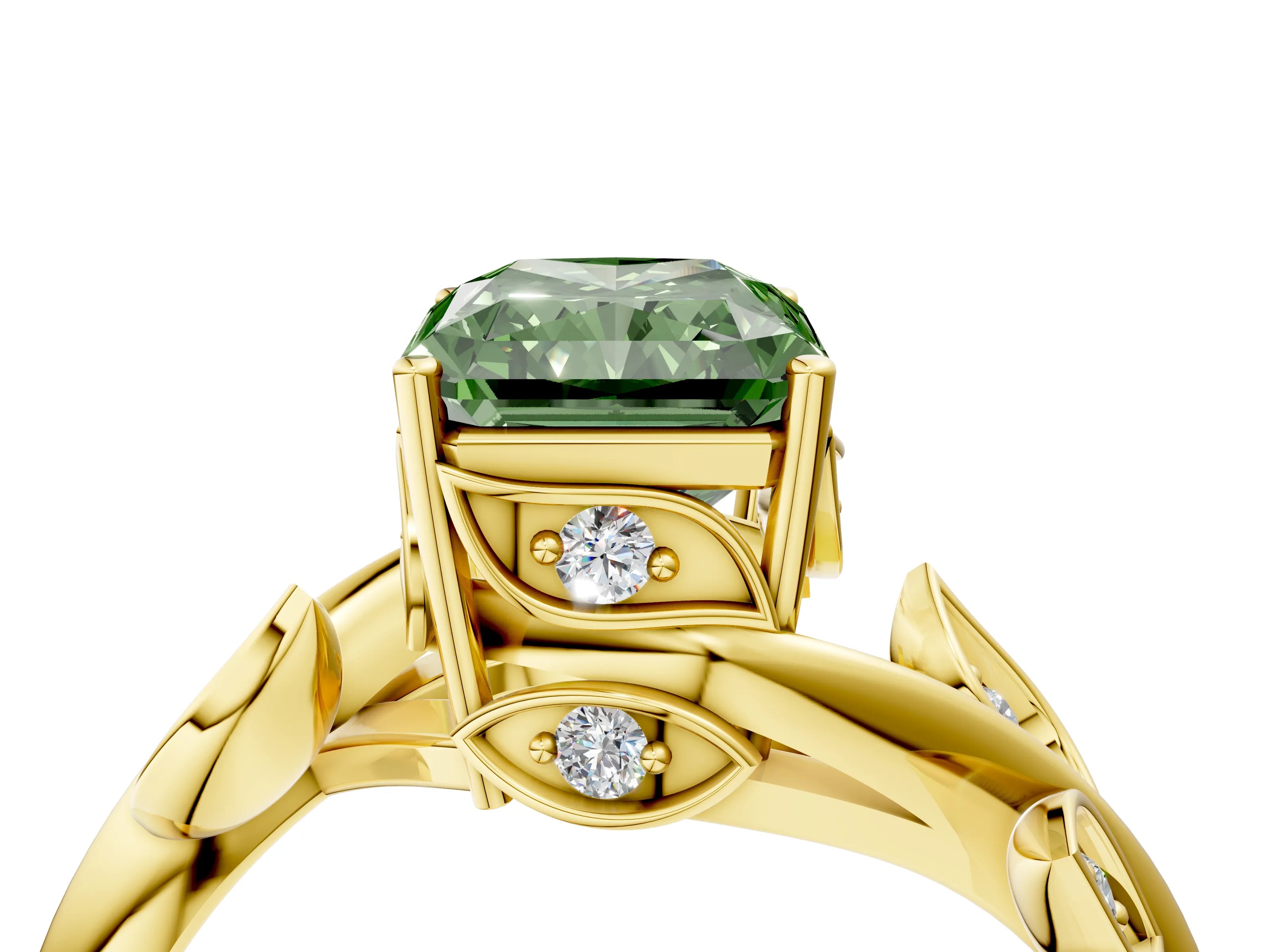 Yellow gold Fancy Green Radiant Cut Solitaire Twist Engagement Ring with Leaf Accents and Prong Setting_16