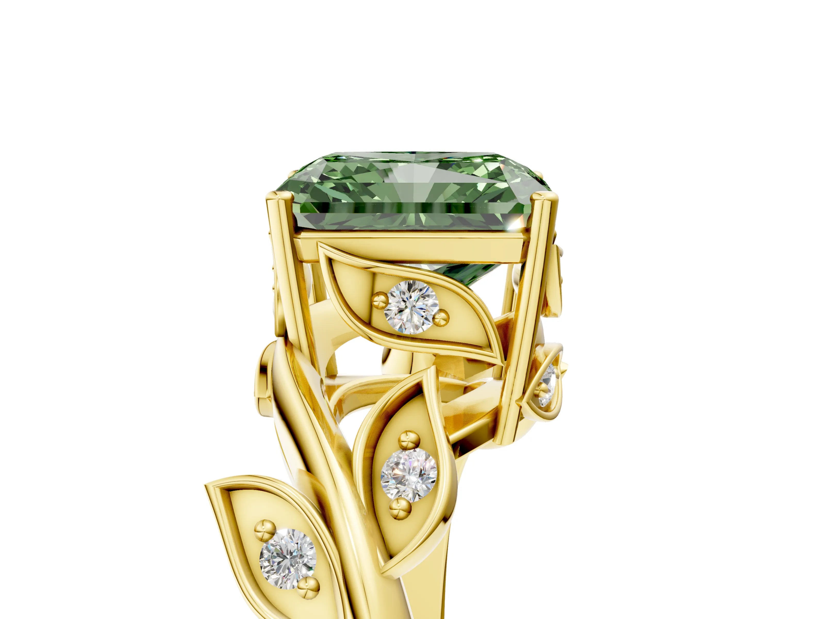 Yellow gold Fancy Green Radiant Cut Solitaire Twist Engagement Ring with Leaf Accents and Prong Setting_17