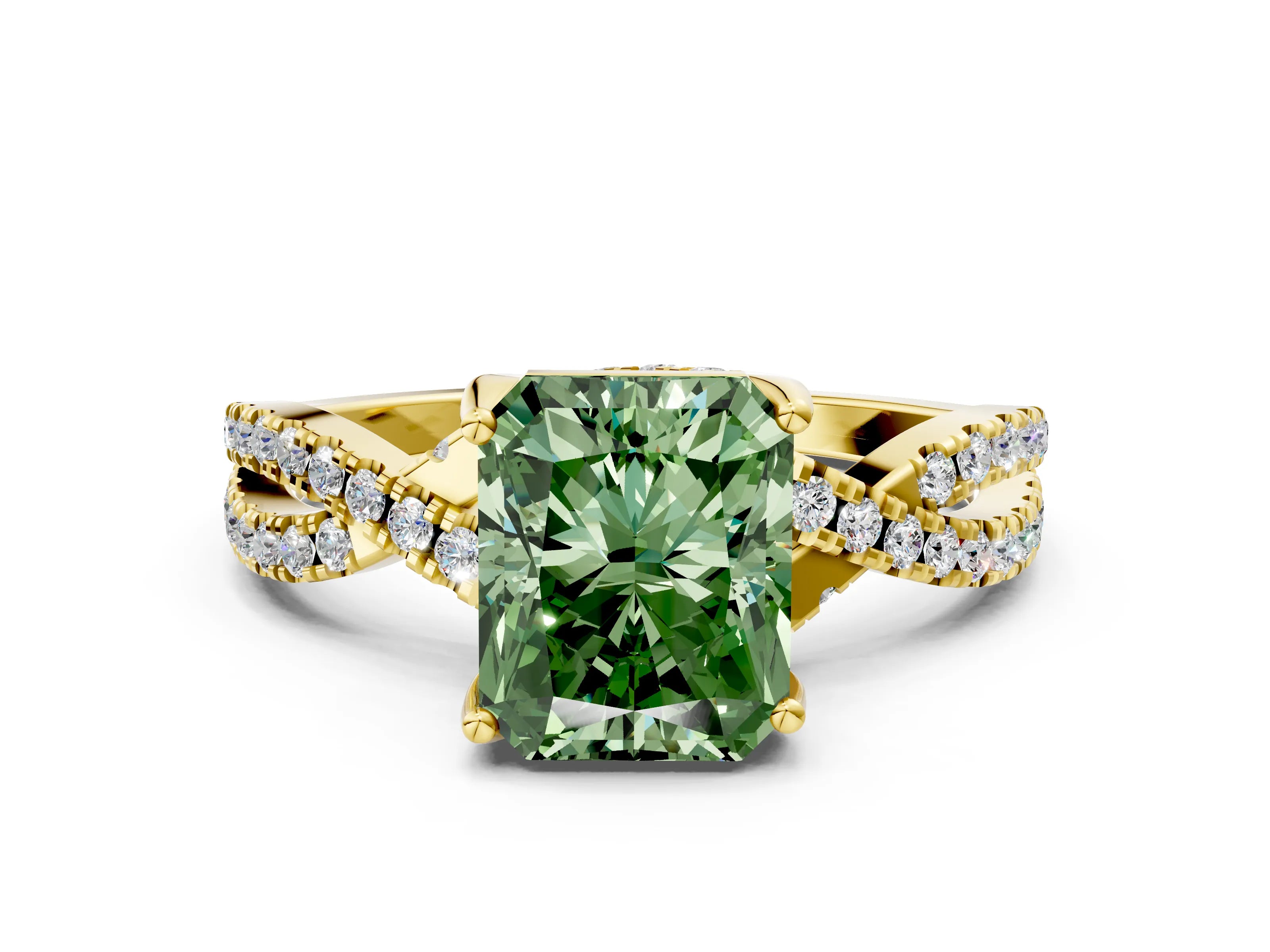 Yellow gold Fancy Green Radiant Cut Solitaire Twist Pave Diamond Engagement Ring with Prong Setting