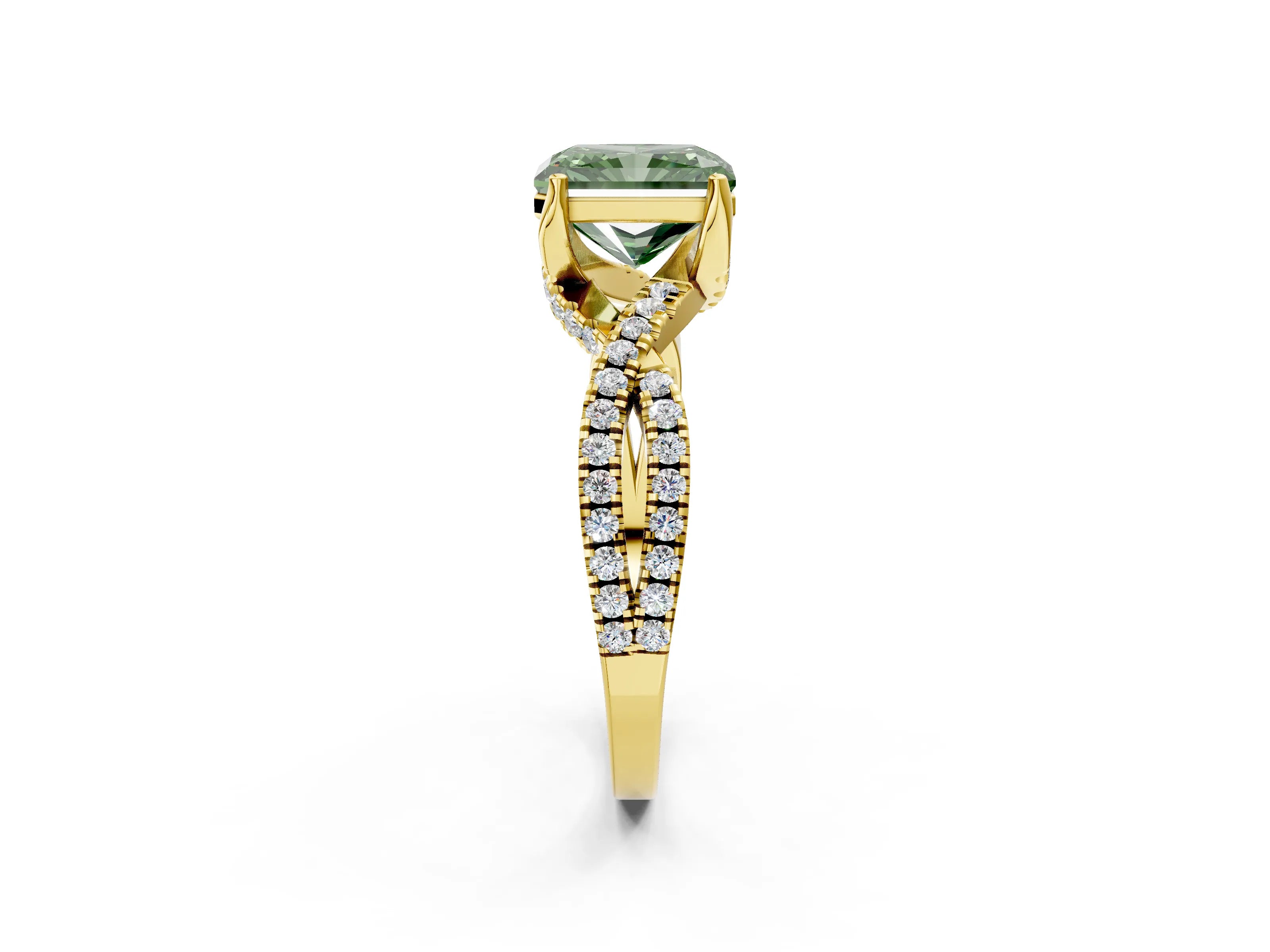 Yellow gold Fancy Green Radiant Cut Solitaire Twist Pave Diamond Engagement Ring with Prong Setting_2