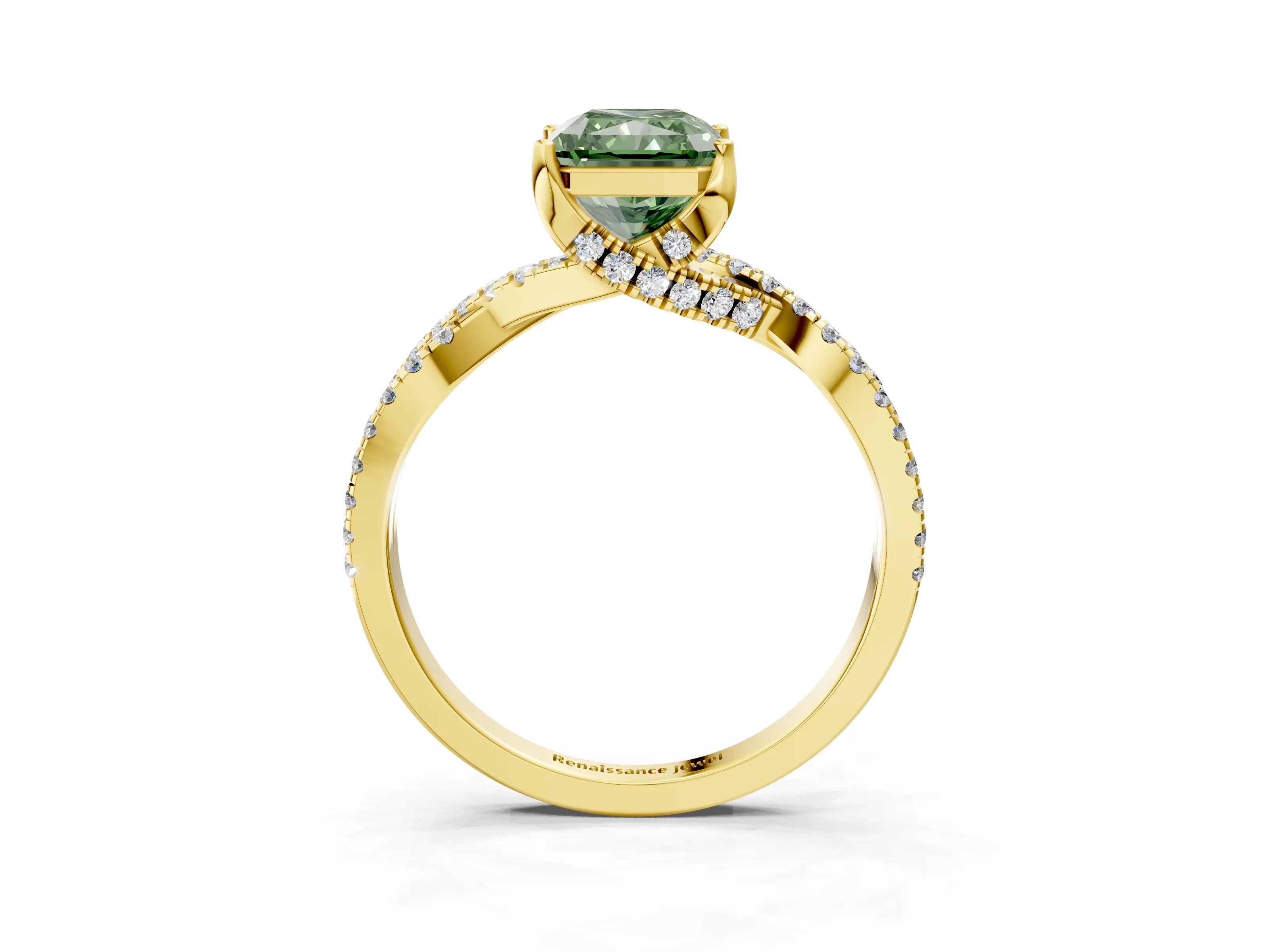 Yellow gold Fancy Green Radiant Cut Solitaire Twist Pave Diamond Engagement Ring with Prong Setting_27