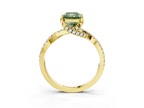 Yellow gold Fancy Green Radiant Cut Solitaire Twist Pave Diamond Engagement Ring with Prong Setting_3