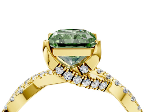 Yellow gold Fancy Green Radiant Cut Solitaire Twist Pave Diamond Engagement Ring with Prong Setting_4