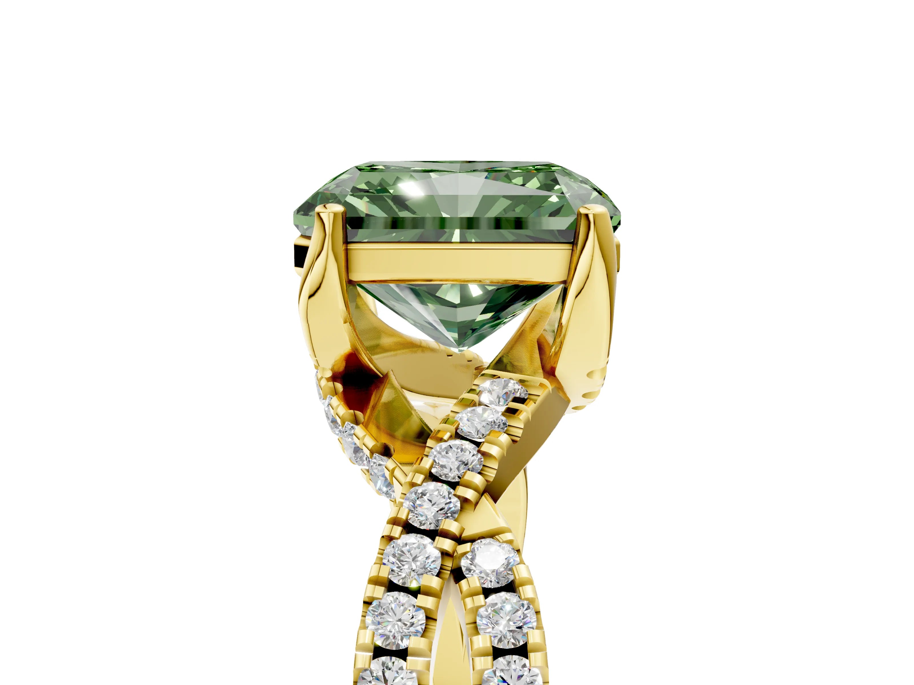 Yellow gold Fancy Green Radiant Cut Solitaire Twist Pave Diamond Engagement Ring with Prong Setting_5