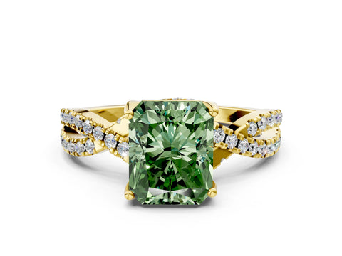 Yellow gold Fancy Green Radiant Cut Solitaire Twist Pave Diamond Engagement Ring with Prong Setting