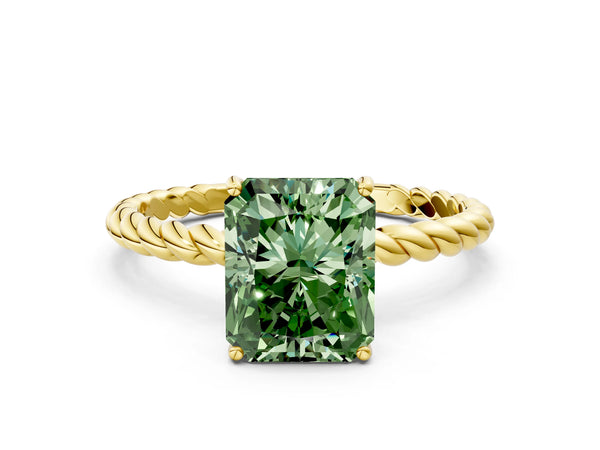 Yellow gold Fancy Green Radiant Cut Solitaire Twisted Band 4-Prong Ring