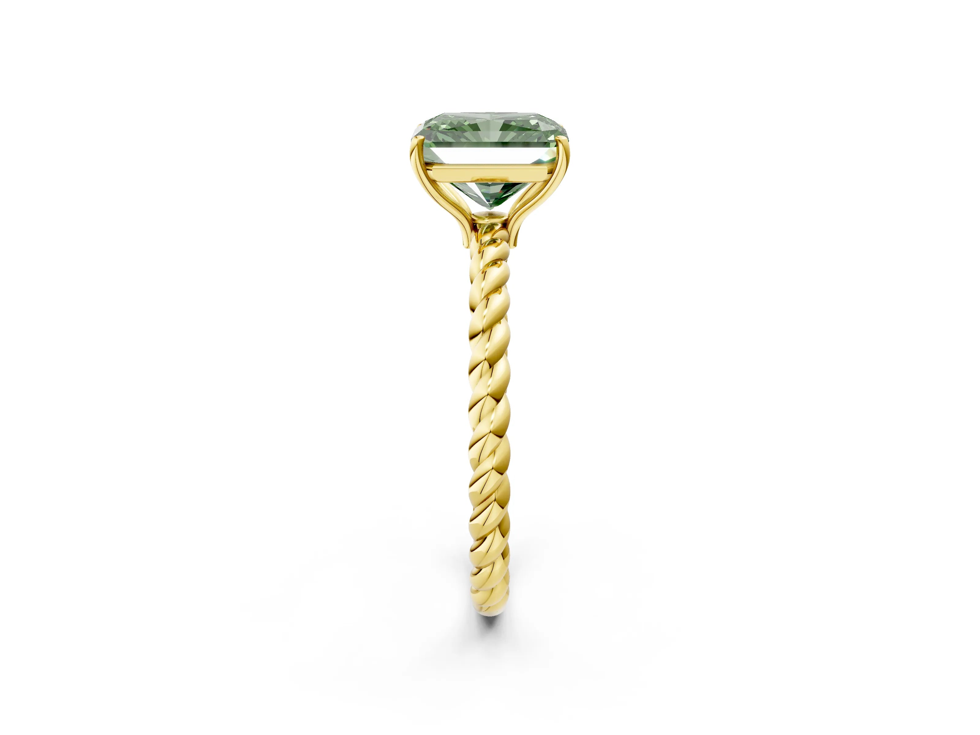 Yellow gold Fancy Green Radiant Cut Solitaire Twisted Band 4-Prong Ring_2