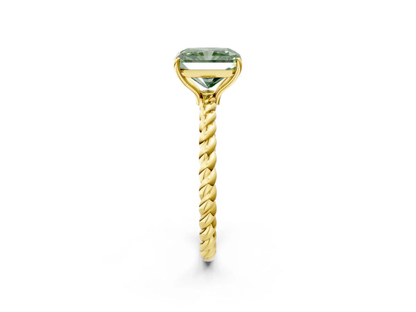 Yellow gold Fancy Green Radiant Cut Solitaire Twisted Band 4-Prong Ring