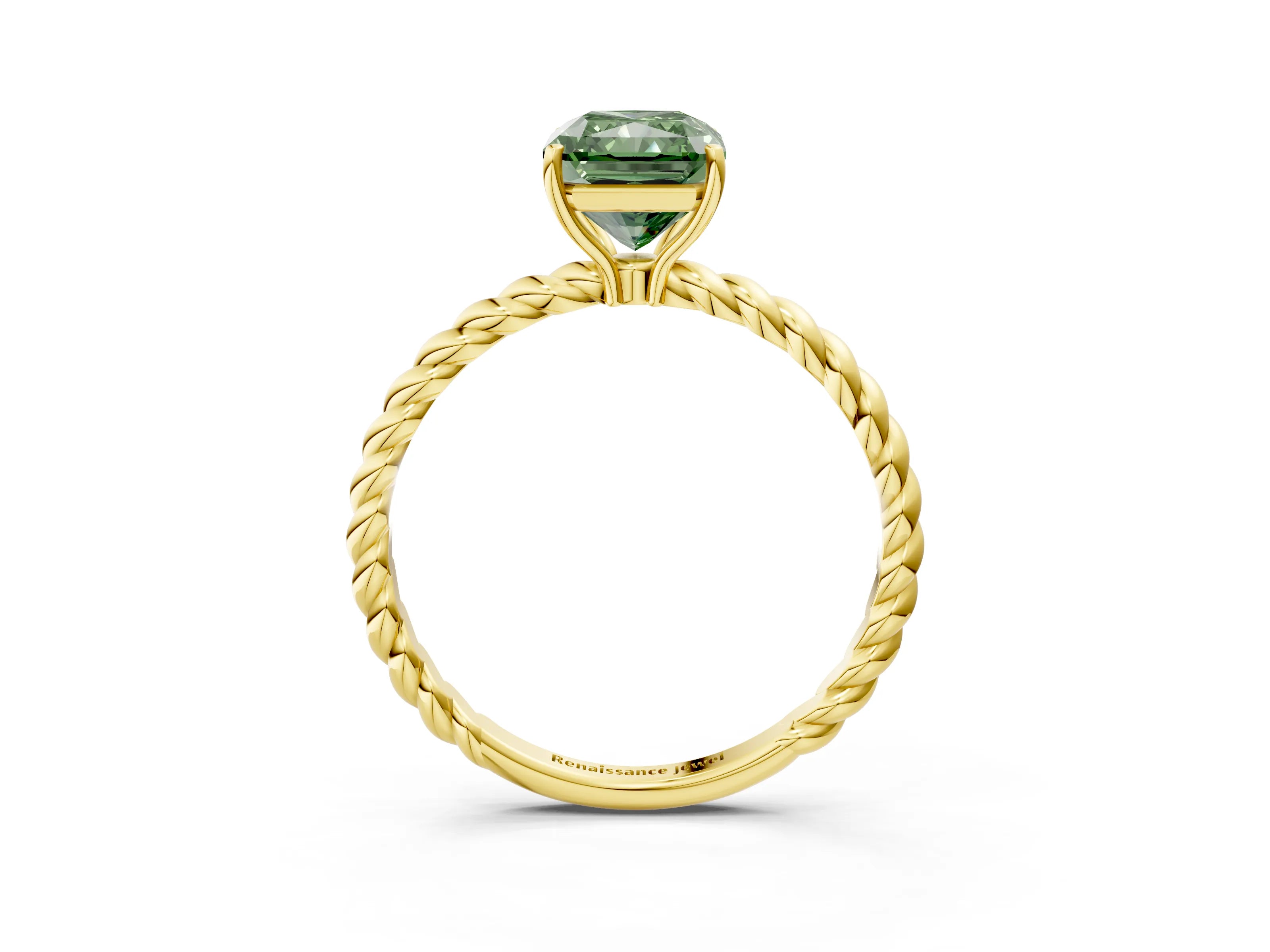 Yellow gold Fancy Green Radiant Cut Solitaire Twisted Band 4-Prong Ring_3