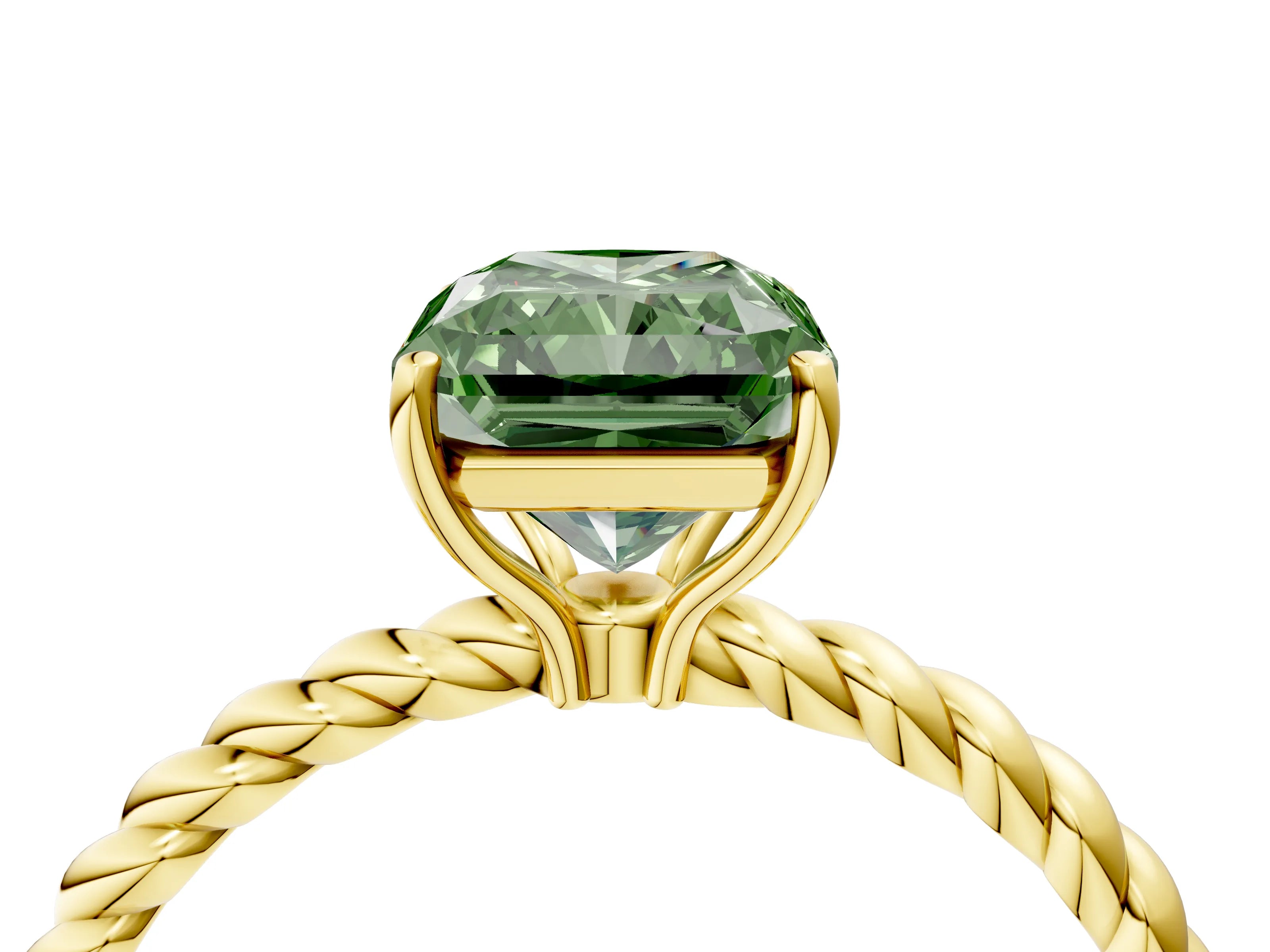 Yellow gold Fancy Green Radiant Cut Solitaire Twisted Band 4-Prong Ring_4