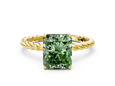 Yellow gold Fancy Green Radiant Cut Solitaire Twisted Band 4-Prong Ring