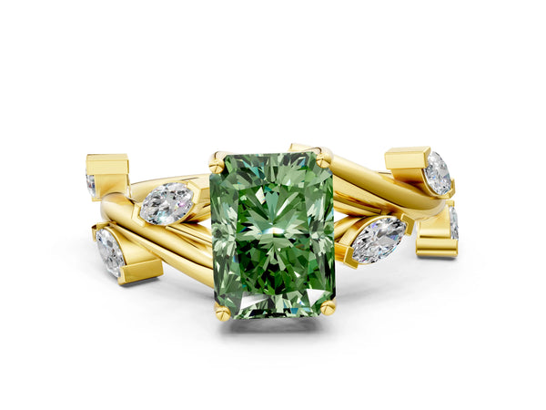 Yellow gold Fancy Green Radiant Cut Solitaire Twisted Band Marquise Accent Prong Setting Ring