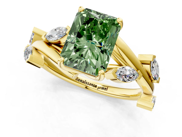 Yellow gold Fancy Green Radiant Cut Solitaire Twisted Band Marquise Accent Prong Setting Ring