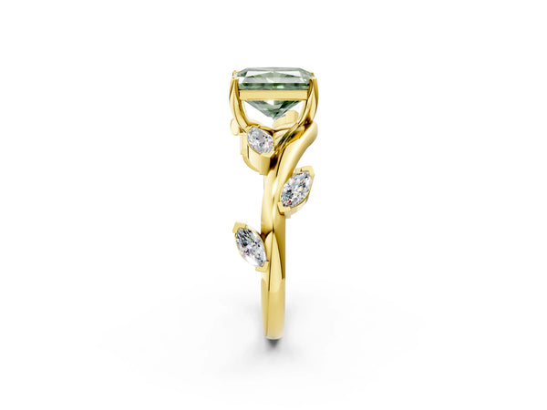 Yellow gold Fancy Green Radiant Cut Solitaire Twisted Band Marquise Accent Prong Setting Ring