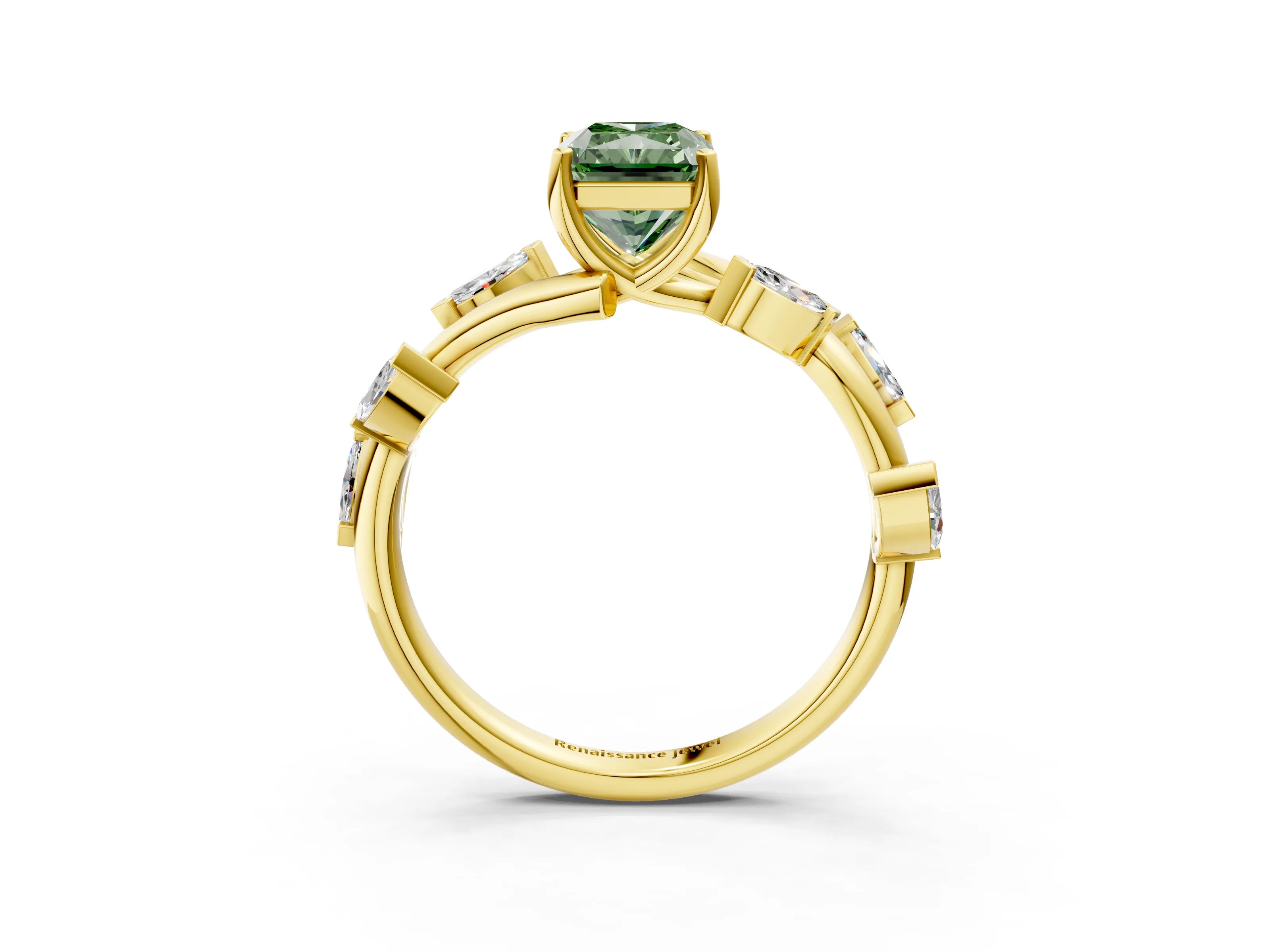 Yellow gold Fancy Green Radiant Cut Solitaire Twisted Band Marquise Accent Prong Setting Ring_3