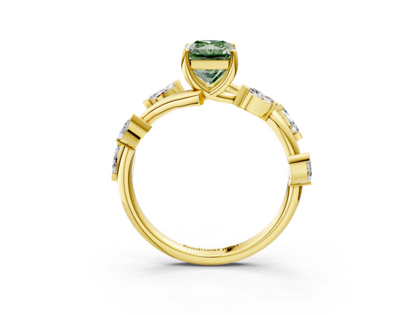 Yellow gold Fancy Green Radiant Cut Solitaire Twisted Band Marquise Accent Prong Setting Ring